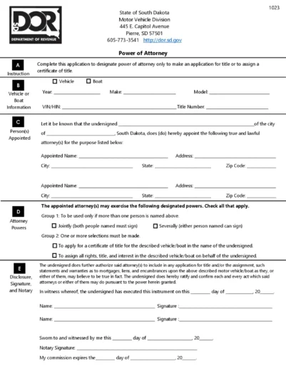 South Dakota Motor Vehicle Power of Attorney Form 1023
