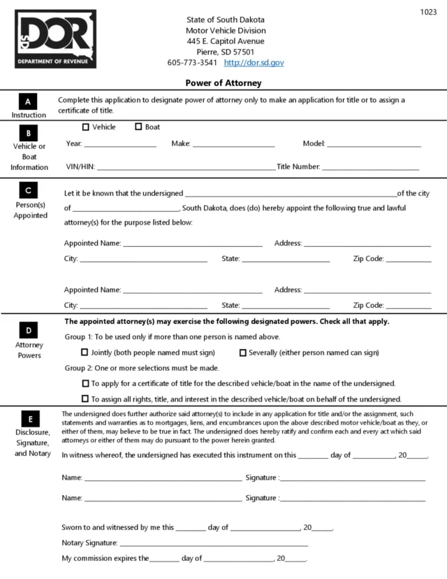 South Dakota Motor Vehicle Power of Attorney Form 1023