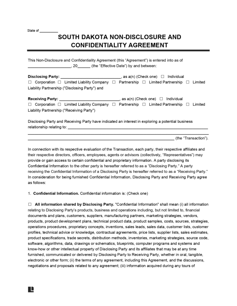 Free South Dakota NonDisclosure Agreement (NDA) Template