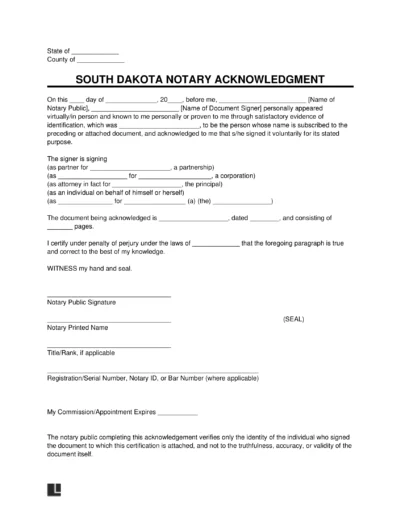 South Dakota Notary Acknowledgment Form