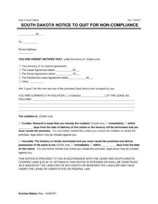 South Dakota Notice to Quit for Non-Compliance