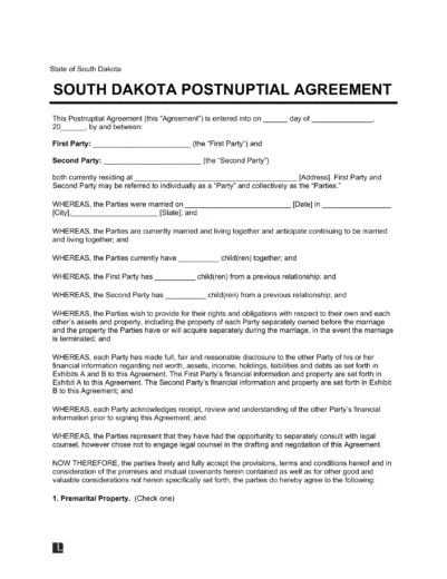 South Dakota Postnuptial Agreement Template