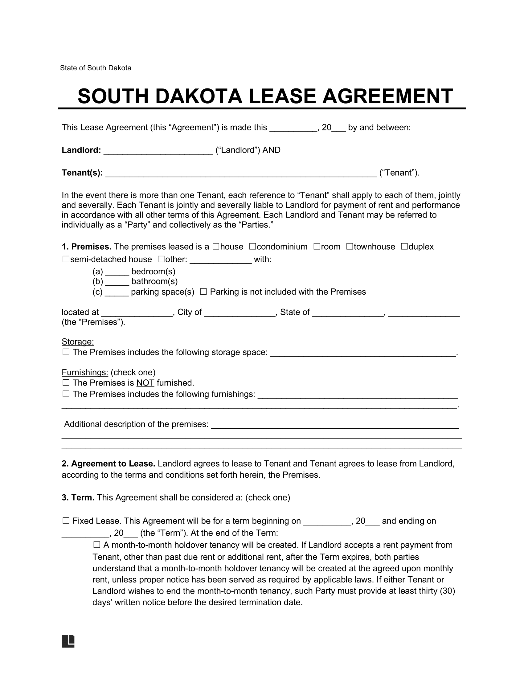 South Dakota Residential Lease Agreement Template