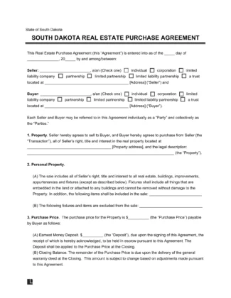 South Dakota Residential Purchase Agreement Template