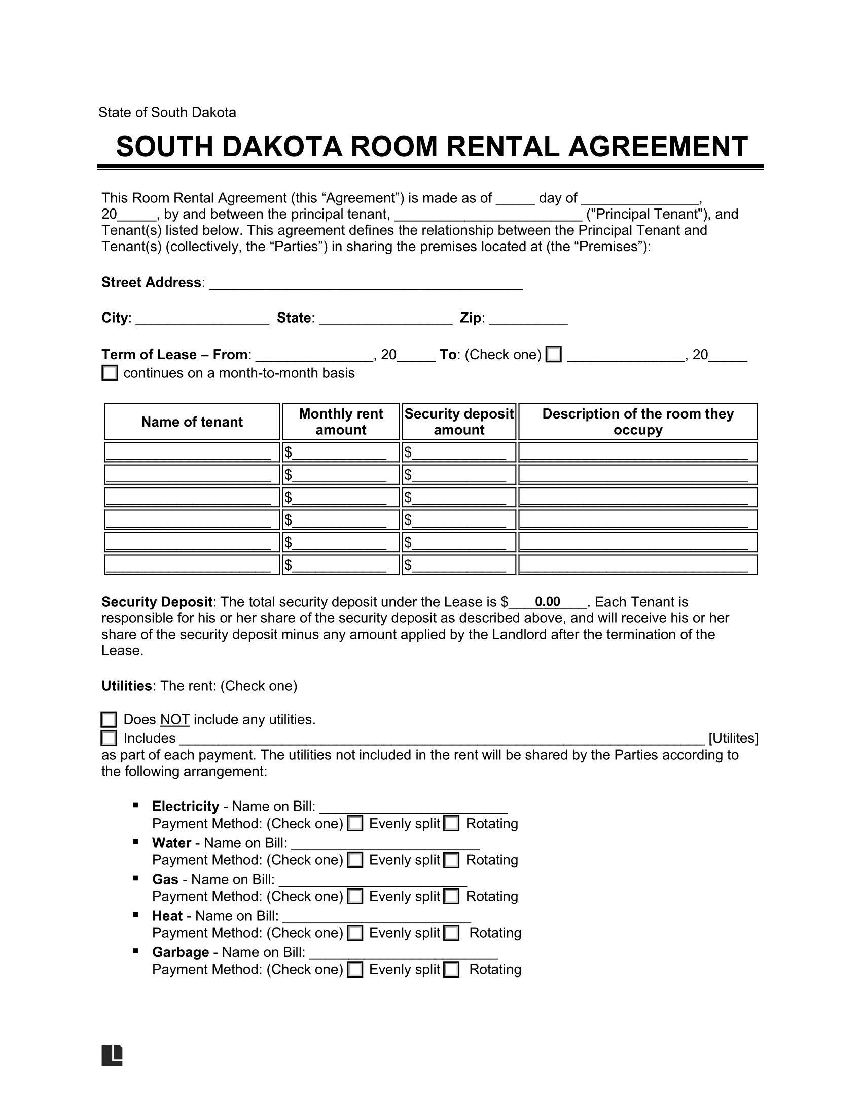 South Dakota Room Rental Agreement