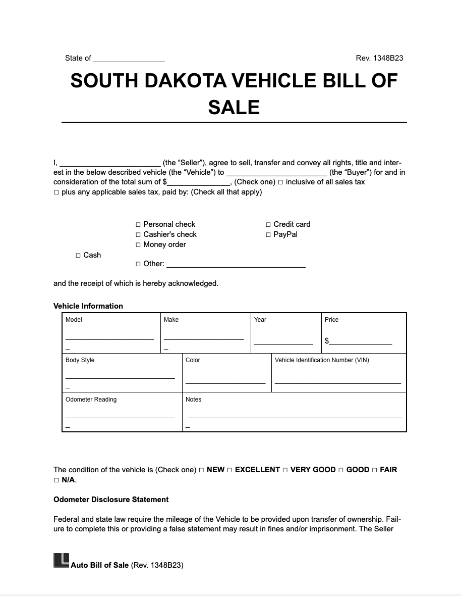 South Dakota vehicle bill of sale