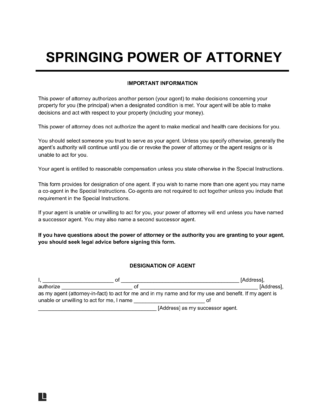 Free Springing Power of Attorney Form | PDF & Word