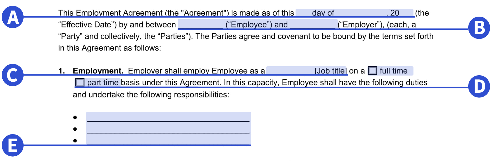 A screenshot of where to include initial details in our employment contract template