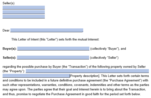 letter of intent template initial information