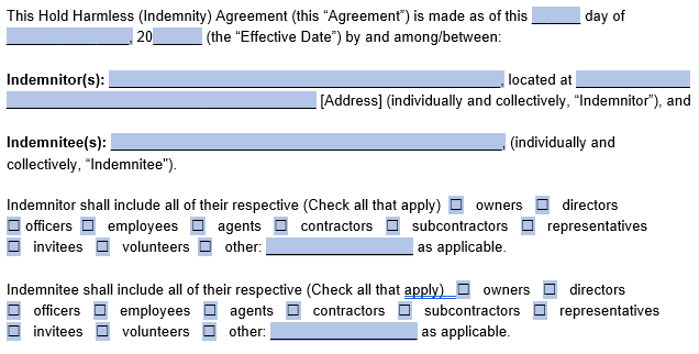 Where to include initial information in our hold harmless agreement template.