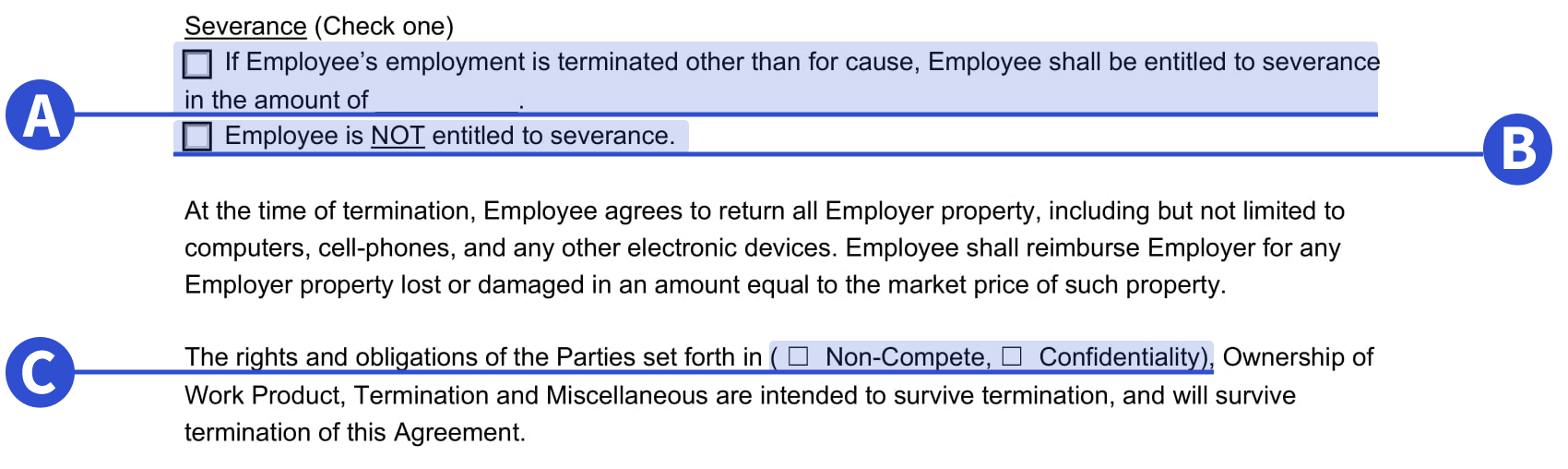 An example of where to outline severance details in our employment contract template.