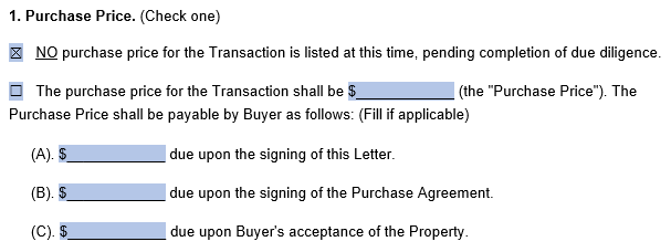  letter of intent purchase price information