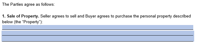 An example of where to include details about the item being purchased in our purchase agreement template. 