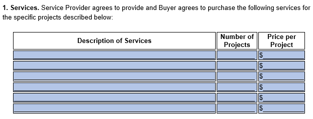 A screenshot of where to include information about the services being offered in our service agreement template.