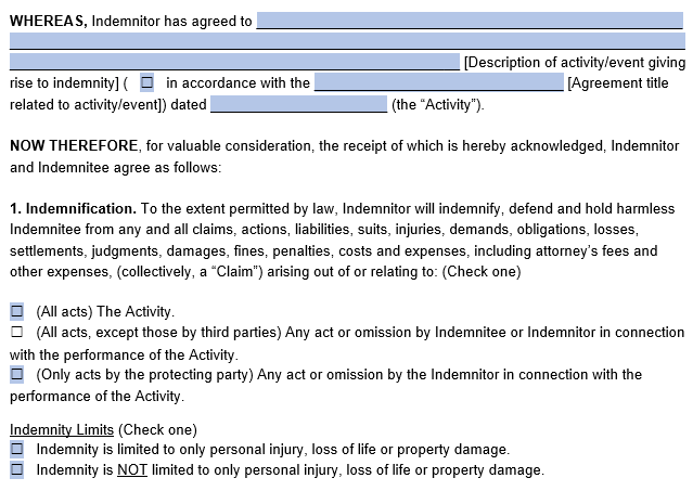 A screenshot showing where to include information about indemnification in our template.