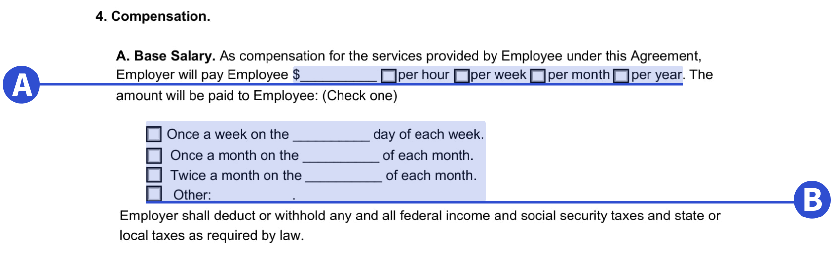 An example of where to include compensation details in our employment agreement template.
