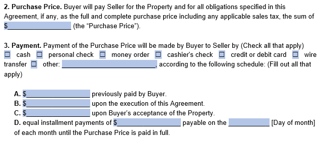 An example of where to include the purchase price and payment information in our purchase agreement template.