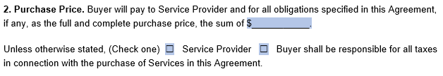 A screenshot of where to include purchase price details in our service agreement template.