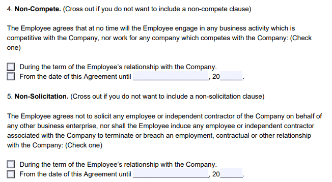 An example of where to include non-compete and non-solicitation clauses in our employee NDA template. 