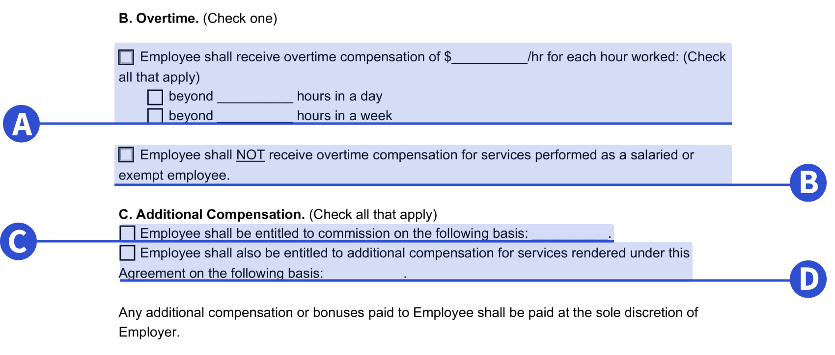 A screenshot of where to include overtime and additional compensation details in our employment contract template. 