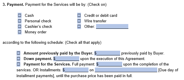 An example of where to detail payment information in our template