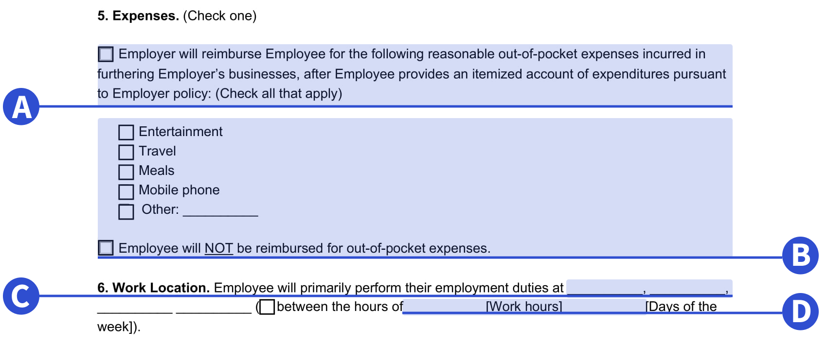 Where to detail expenses and work location information in our employment agreement template.