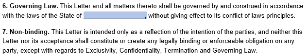 An example of where to include the governing law and nonbinding clause in our LOI template