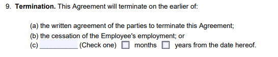 An example of where to detail termination details in our employee NDA PDF template. 