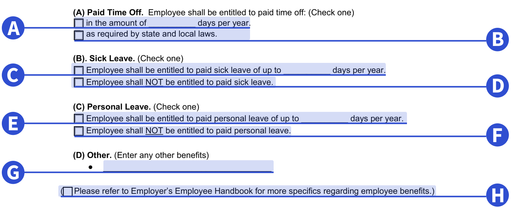Where to detail time off information in our employment contract template.