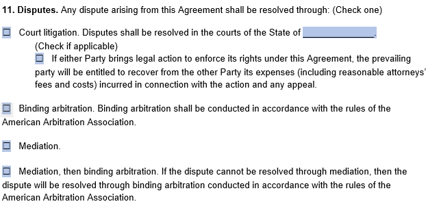 Where to include information on disputes in our service agreement template.