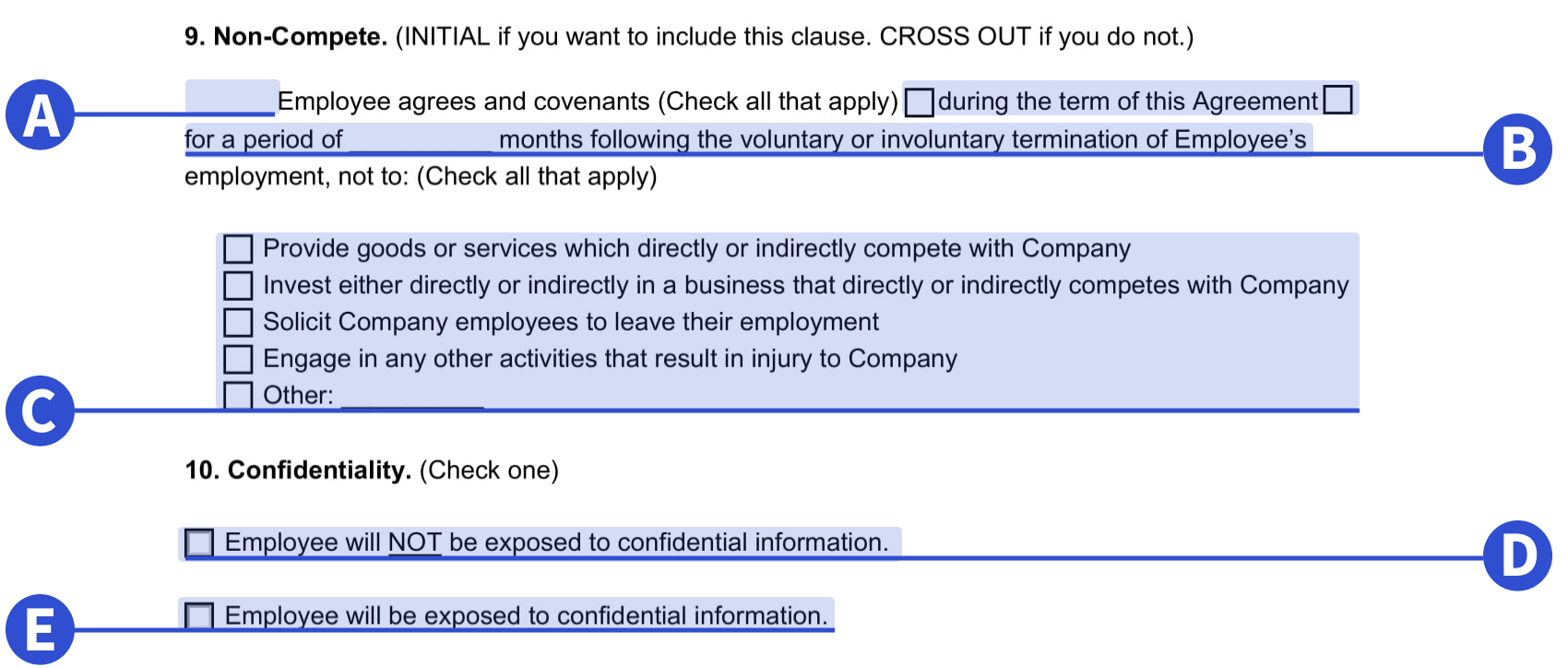 A screenshot of where to include non-compete and confidentiality information in our template.