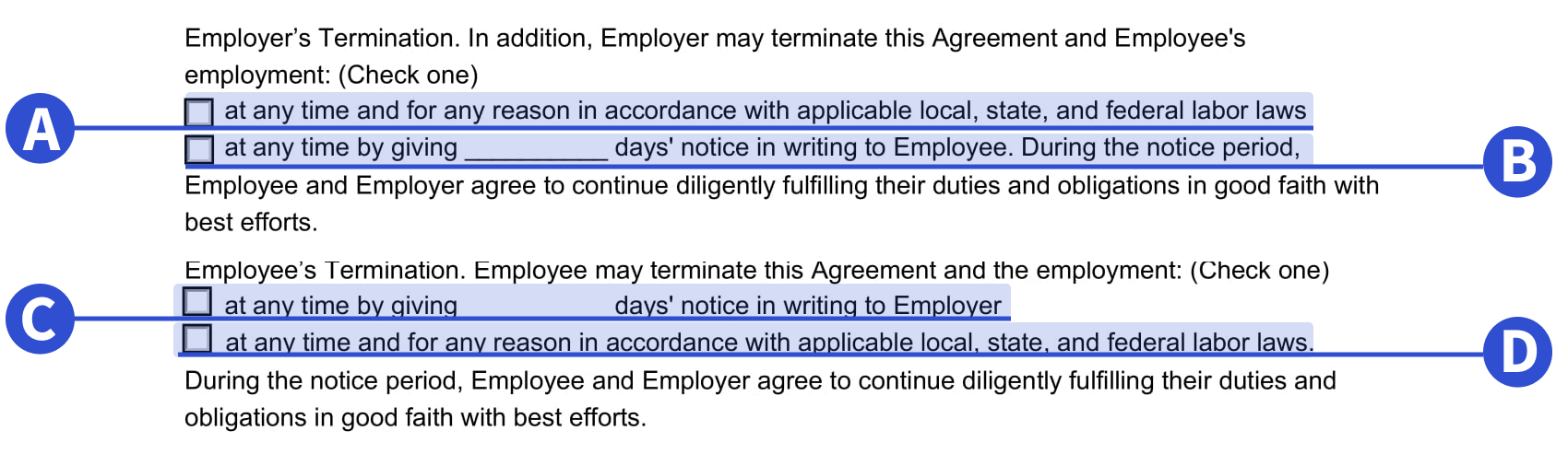A screenshot of where to include termination details in our employment contract template. 