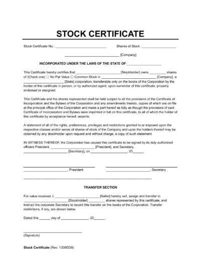 Stock Certificate Template