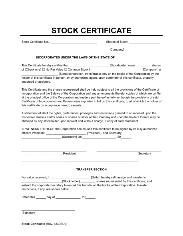 Stock Certificate Template