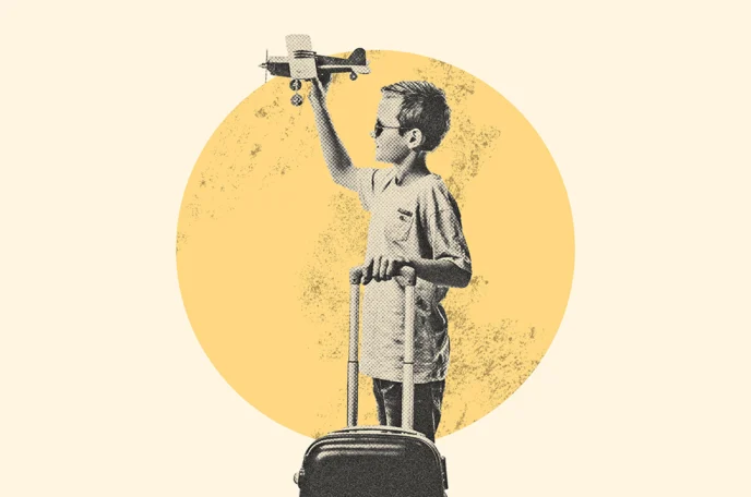 A child waiting in an airport holding a suitcase with all of their essential legal documents to ensure stress-free travel
