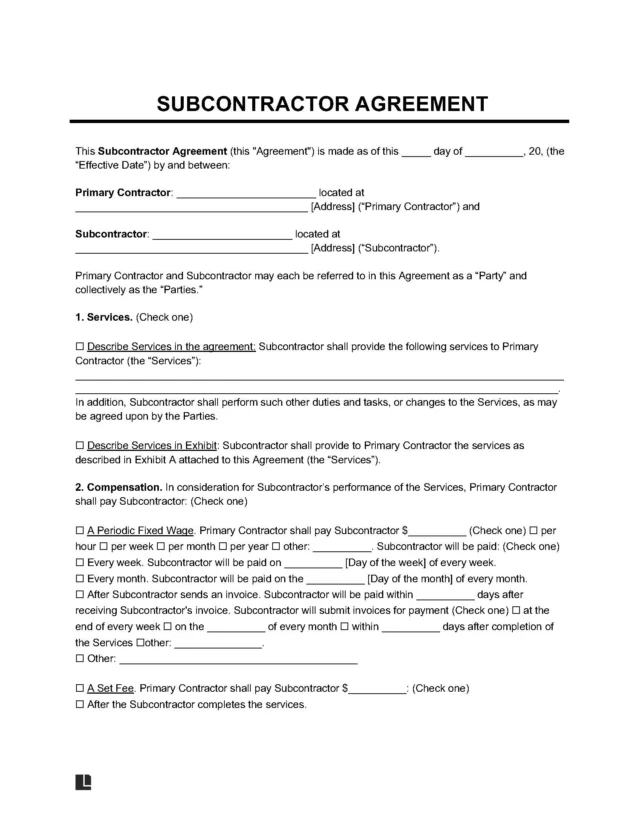 Subcontractor Agreement Template