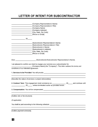 Subcontractor Letter of Intent Template
