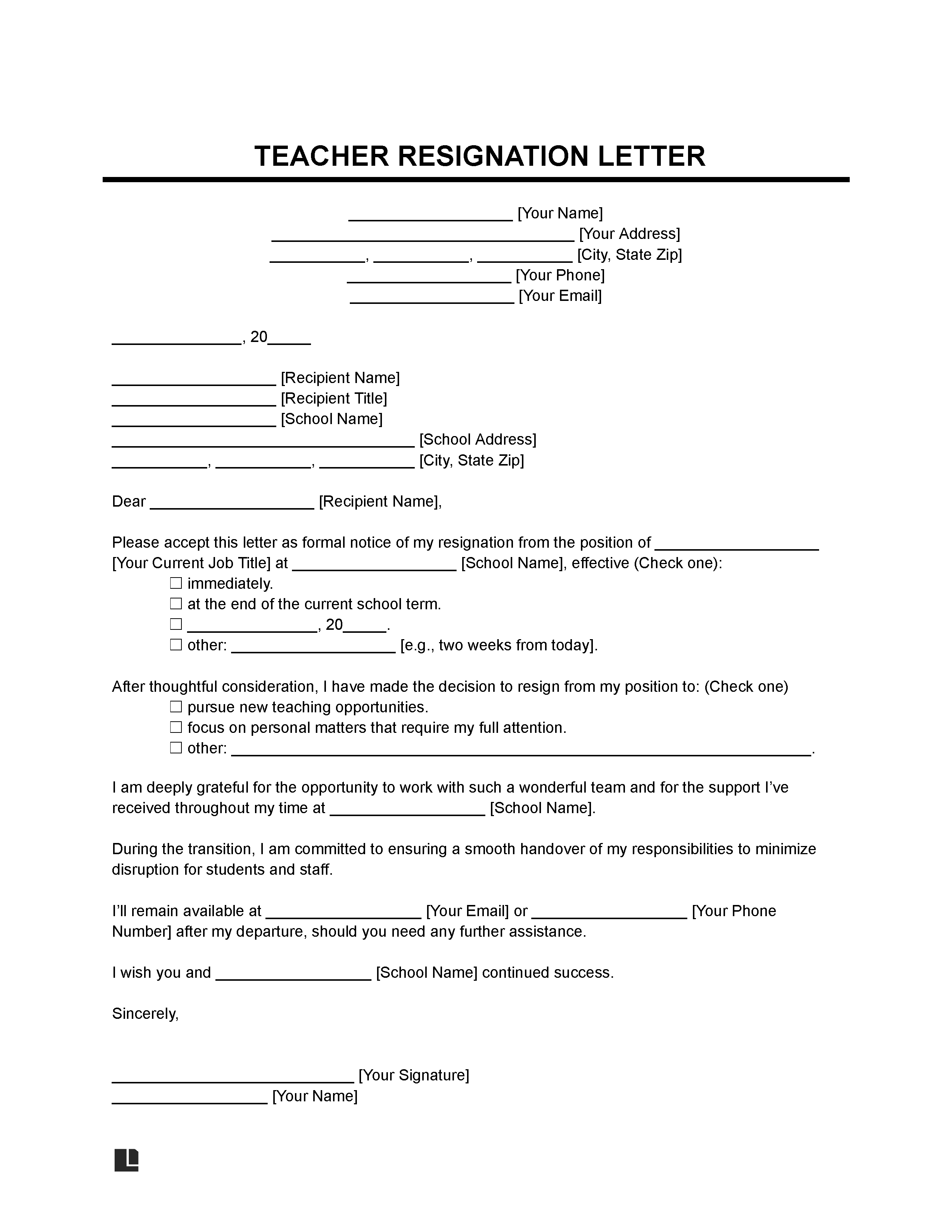 Teacher Resignation Letter