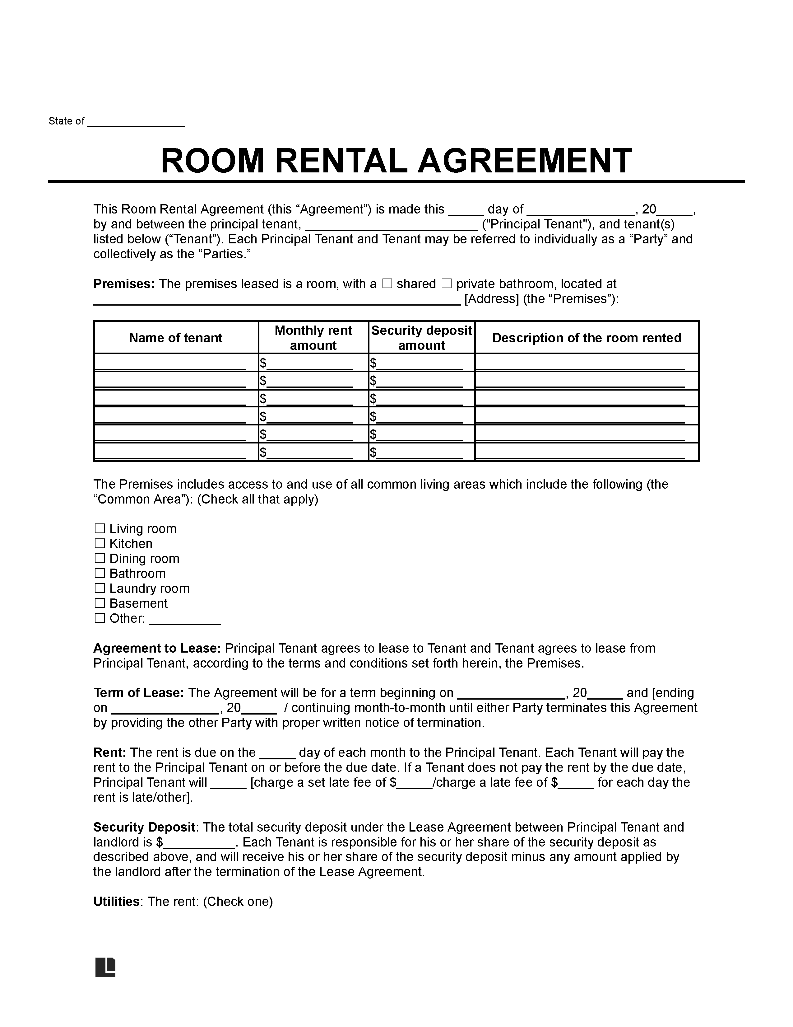 Tenant Room Rental Agreement