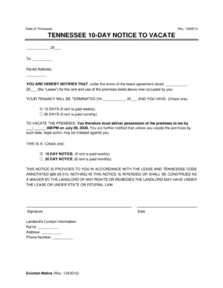 Tennessee 10-Day Notice to Vacate (Week to Week)