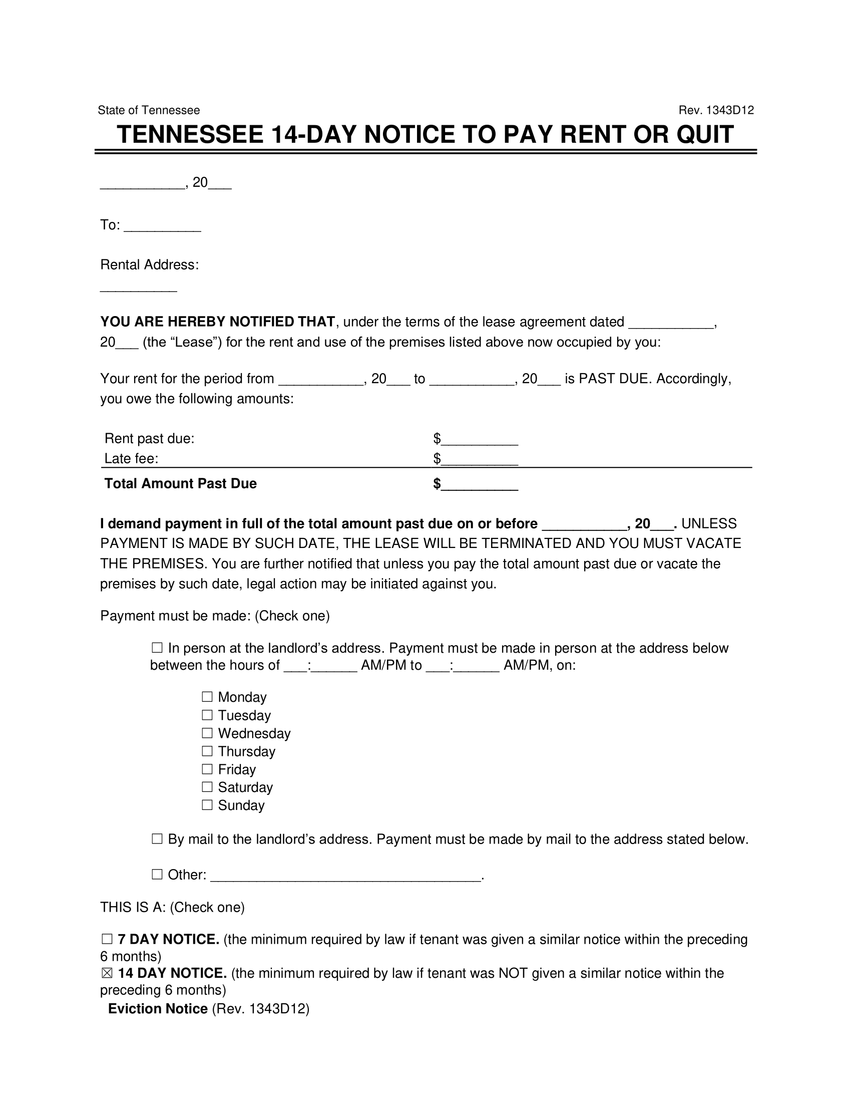 Tennessee 14 Day Eviction Notice to Quit Non Payment of Rent
