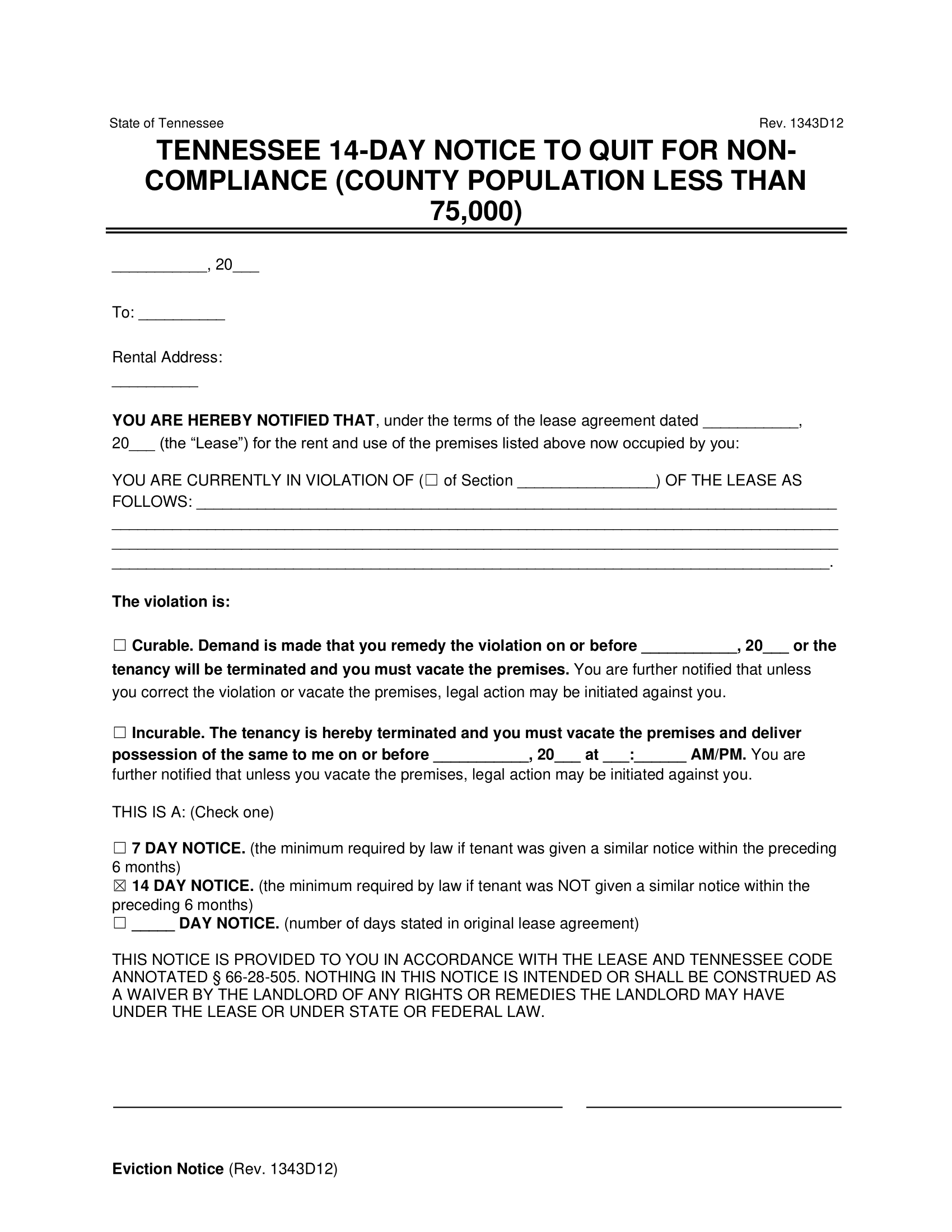 Tennessee 14-Day Notice to Quit for Non-Compliance (County Pop Less Than 75,000)