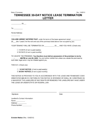 Tennessee 30-Day Notice Lease Termination Letter