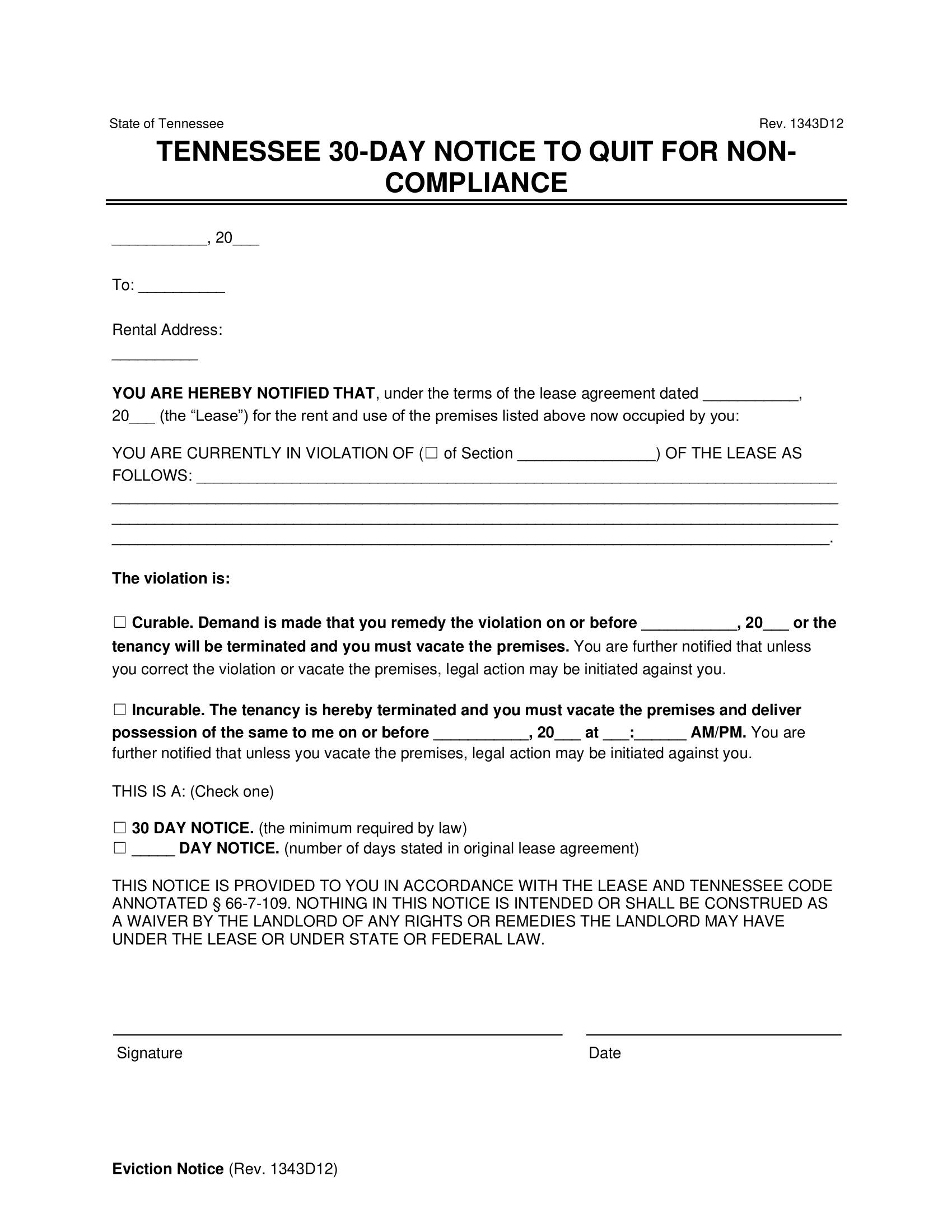 Tennessee 30-Day Notice to Quit for Non-Compliance