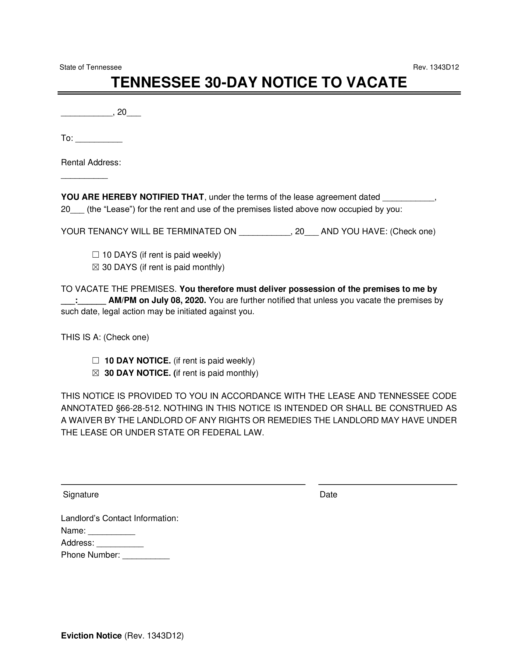 Tennessee 30-Day Notice to Vacate (Month to Month)