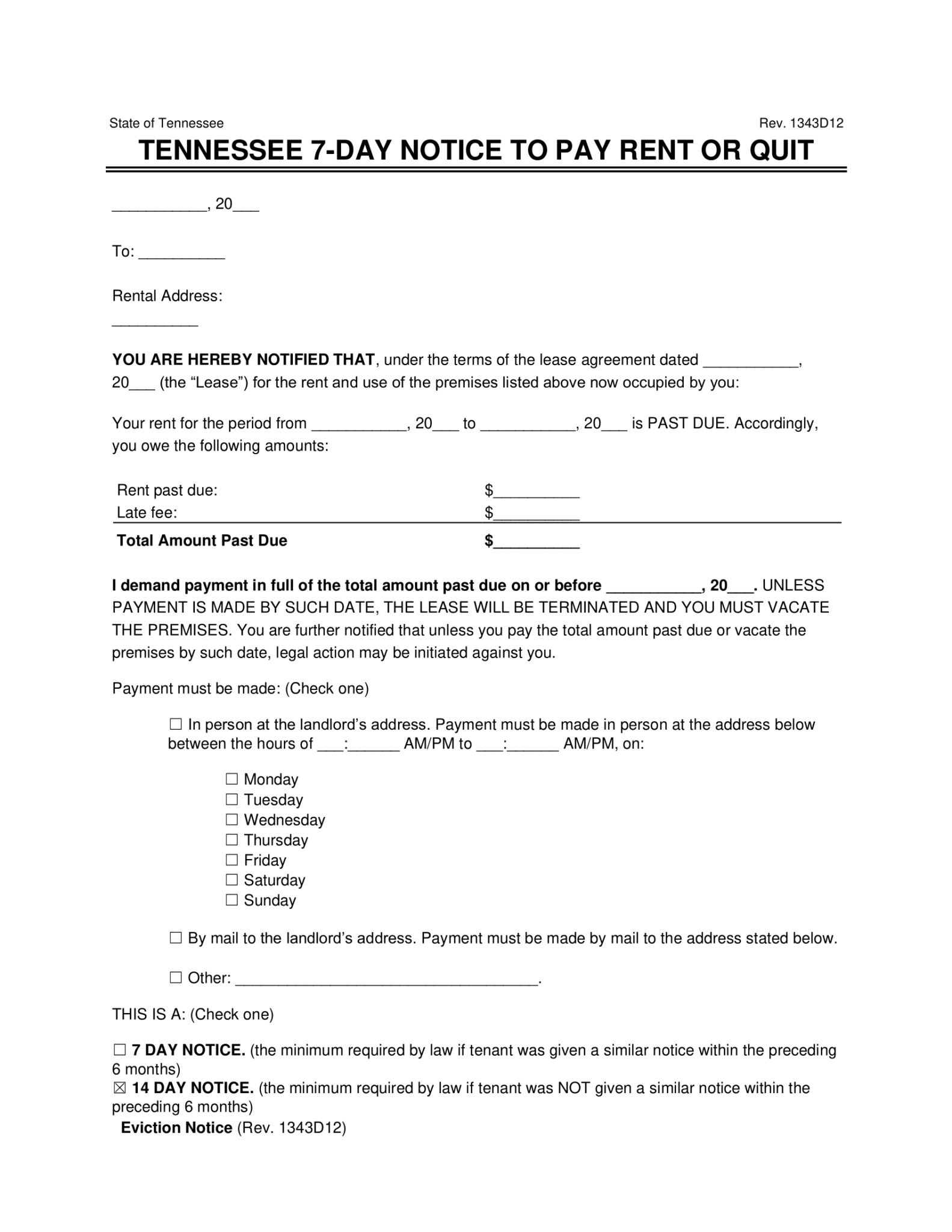 Free Tennessee 7-Day Notice to Quit | Non-Payment of Rent | PDF & Word