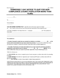 Tennessee 7-Day Notice to Quit for Non-Compliance (County Pop More Than 75,000)