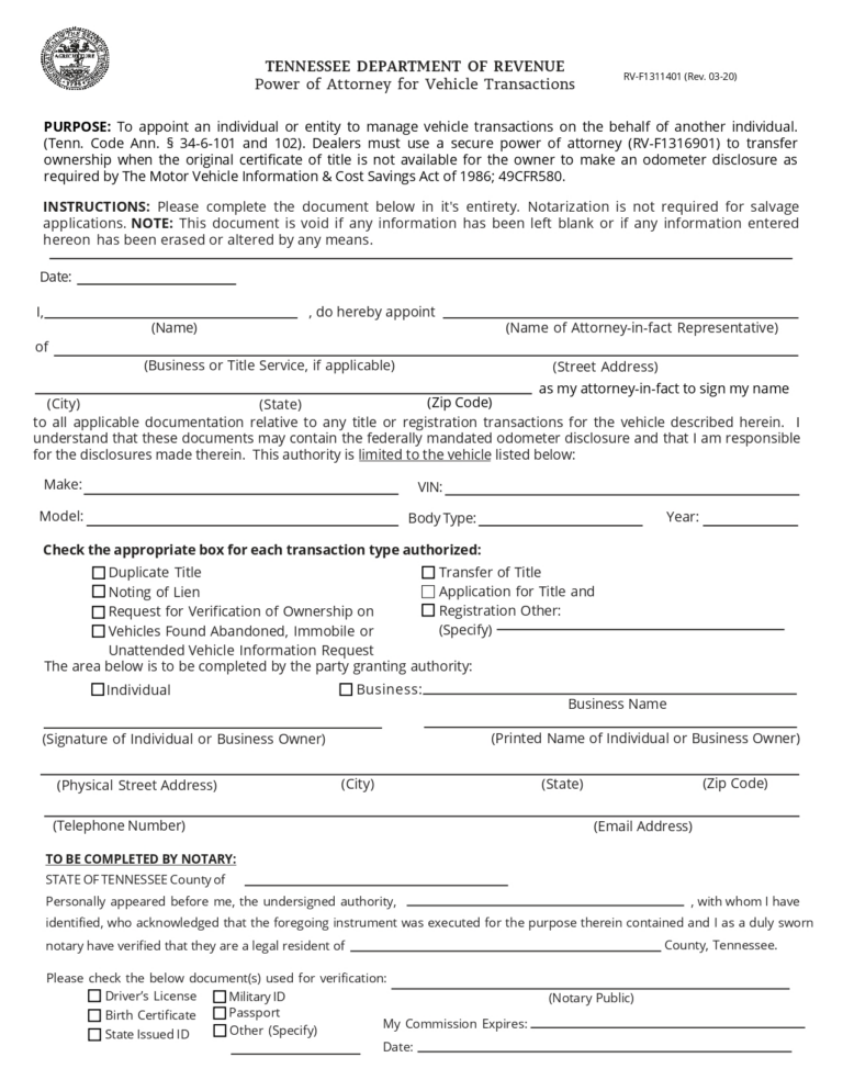 Free Tennessee Power of Attorney Forms | PDF & Word