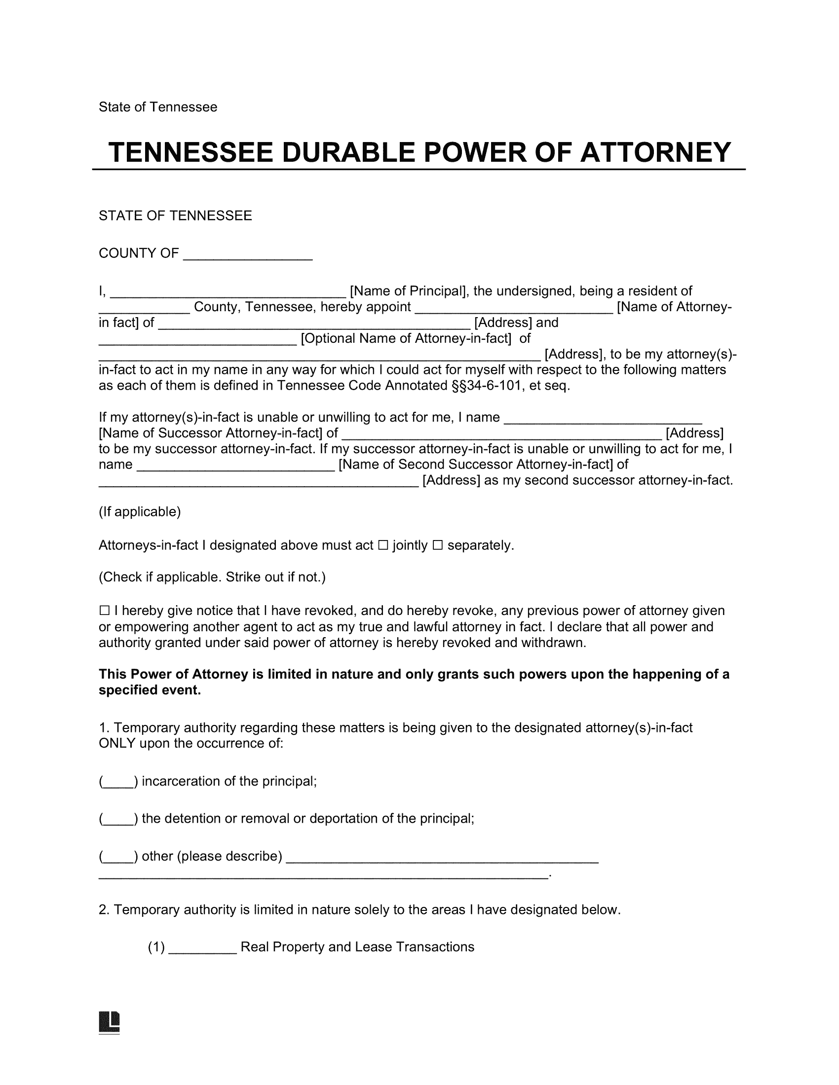 Tennessee Durable Power of Attorney Form
