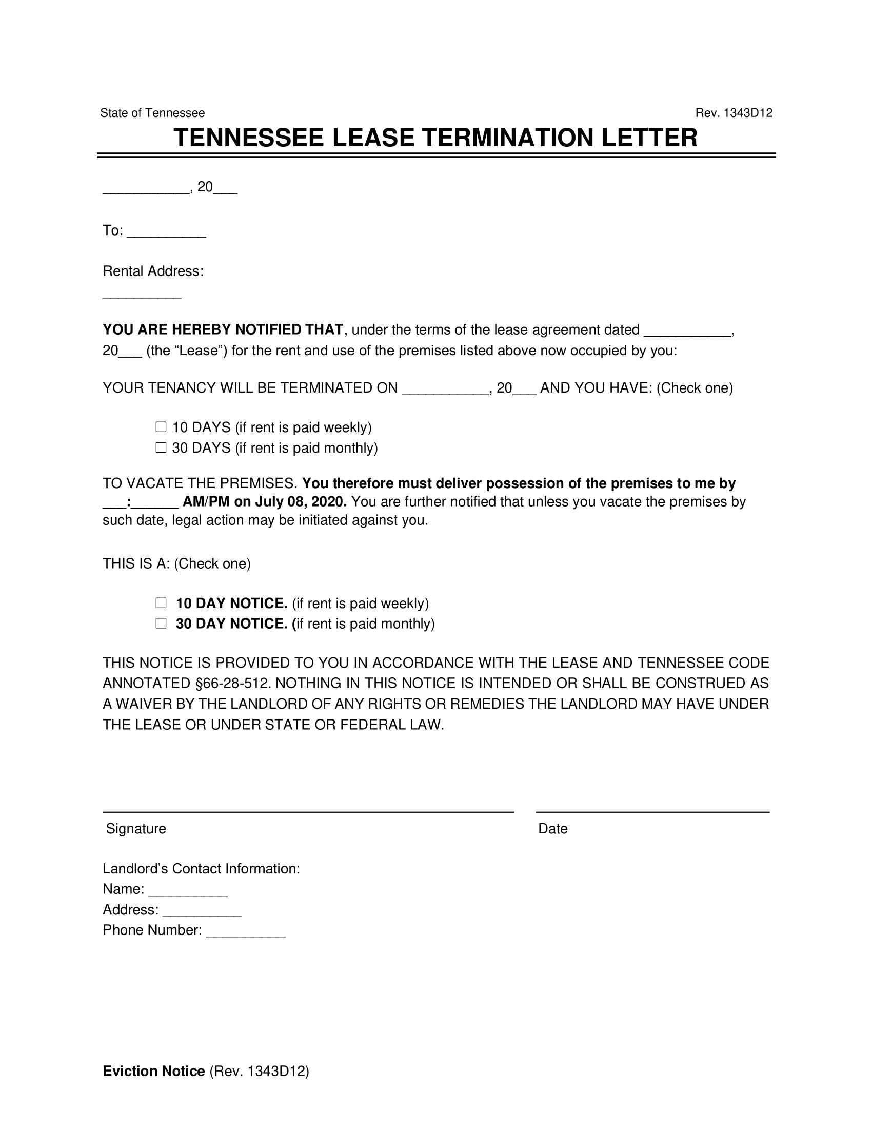 Tennessee Notice to Vacate